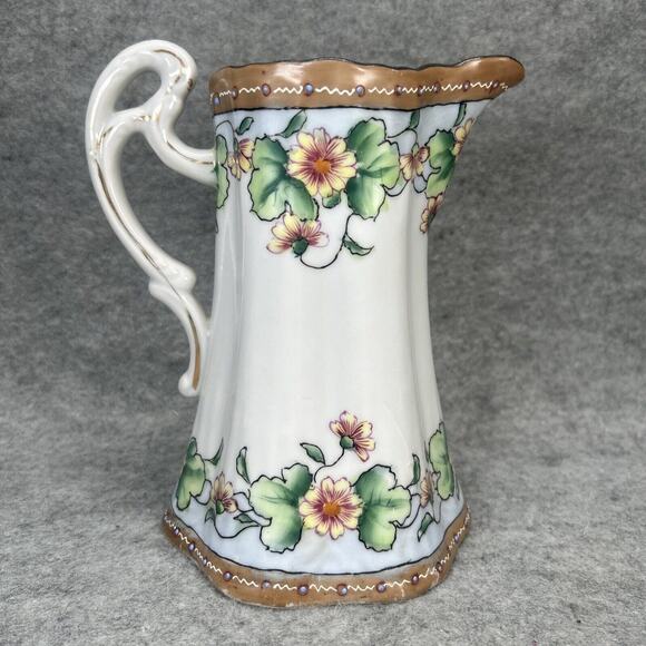 ANTIQ NIPPON Hand Painted Pitcher 7.5" Floral/Raised Beaded Detail 1920s Japan - Picture 1 of 12